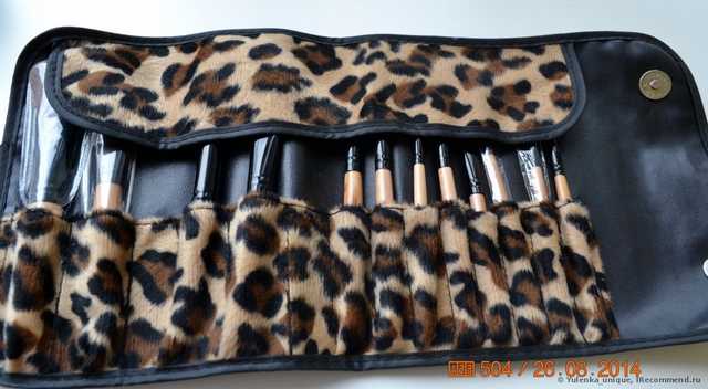 Кисти для макияжа Aliexpress   Professional 12PCS Makeup Brush Set Eyebrow Pencil Lip Liner Leopard With Holder Bag 18518 - фото